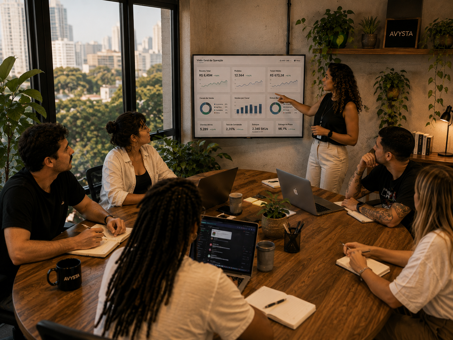 Time em reunião de imersão analisando dashboard da operação